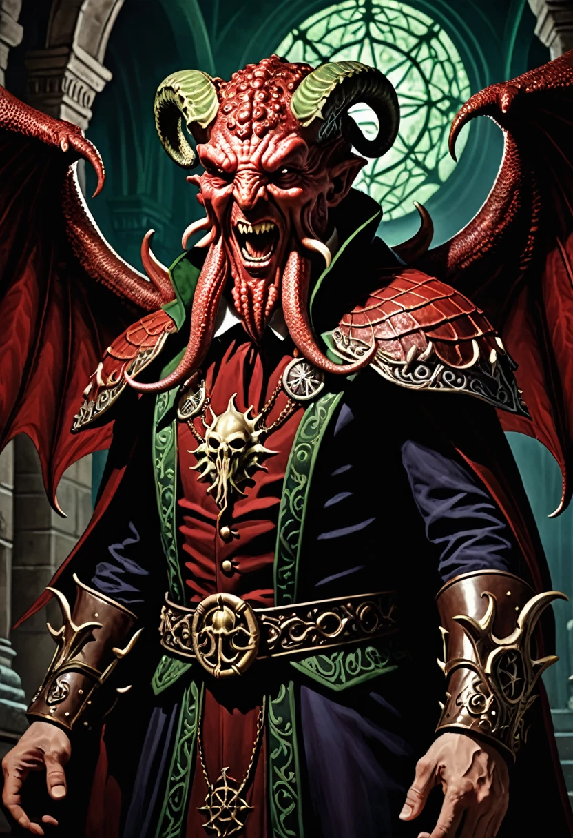 close-up photo of a man, smiling, in a dungeon, king dress, Short brown hair,
From the depths he emerges, devilcore, The Cthulhu Parade in crimson tones. Whispers of the echo of the other world, A festival where madness and beauty merge. In the night sky adorned with abyssal splendor, Blood-stained feathers dance and fly. Entwined by threads of destiny, The madman delights in the roar of . O mighty Cthulhu, ruler of the depths, In our search for desiresandoned, We embark on a path of madness and despair, Guided by the disciples of the One We Adorn. On the grand avenue, steps of grotesque shapes, Where terror and beauty intertwine. In the realm between dreams and nightmares, We surrender to the sanctuary of euphoria. Praise his name, the great Cthulhu, Monarch of the Abyss, the source of our insanity. On the stage of this eternal procession, We celebrate the arrival of global calamity.