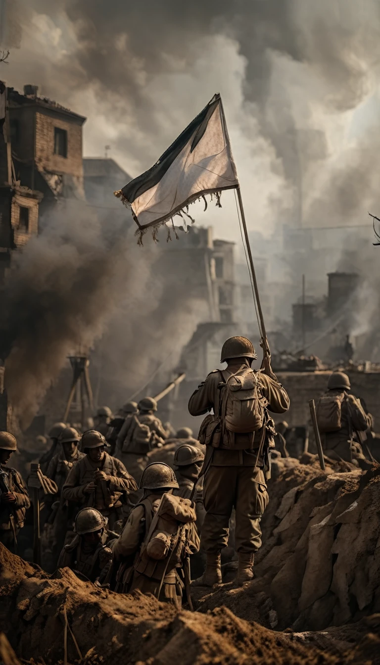 Soldiers raising a white flag over the edge of a trench amidst the smoke and devastation, background dark, hyper realistic, ultra detailed hyper realistic, photorealistic, Studio Lighting, reflections, dynamic pose, Cinematic, Color Grading, Photography, Shot on 50mm lens, Ultra-Wide Angle, Depth of Field, hyper-detailed, beautifully color, 8k, golden light from the front,