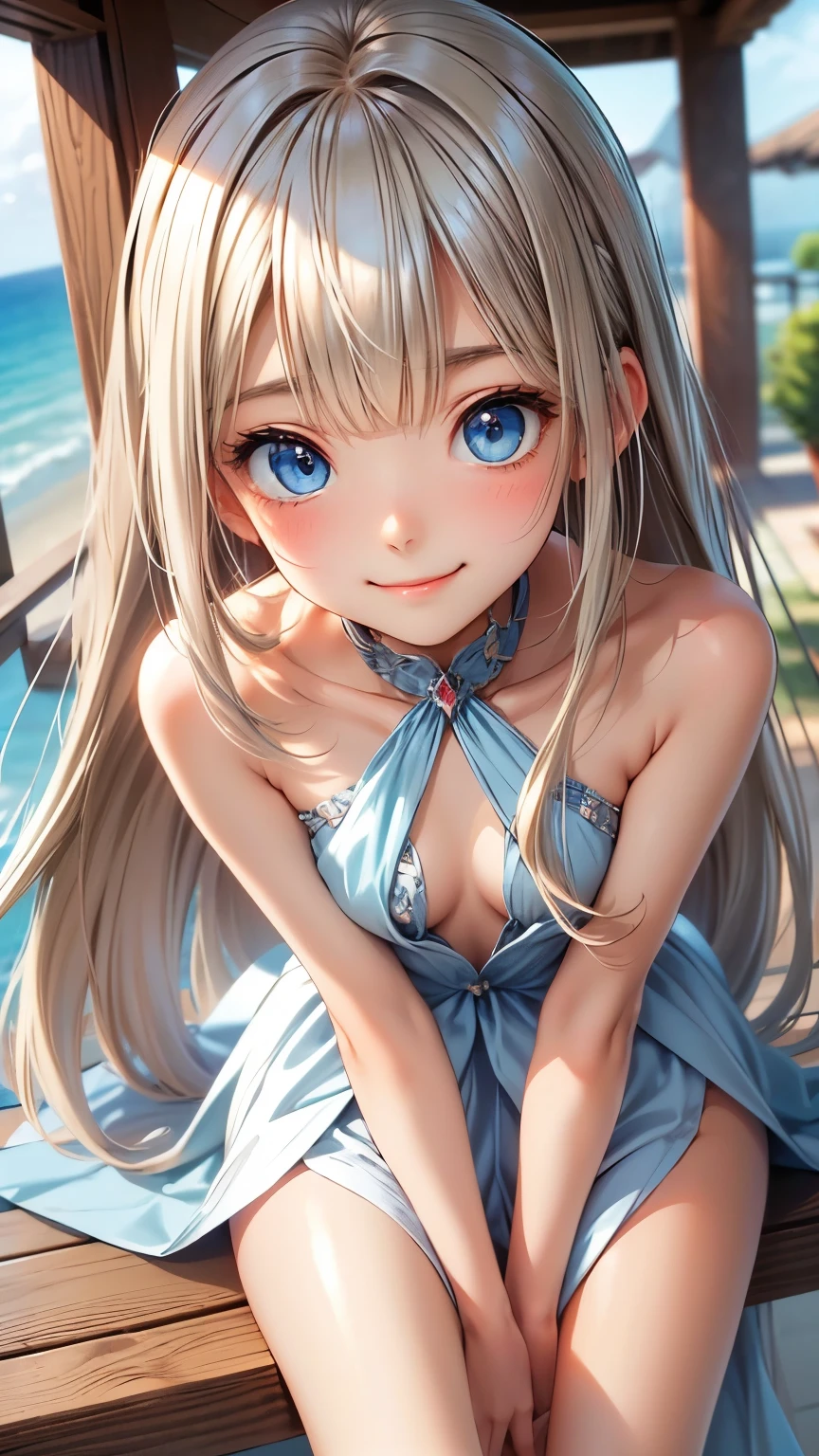 master piece , best quality , (matured female) , (wariza) , hand between legs , smile , full body, Shiny platinum blonde silk super long straight hair, beautiful shiny bangs, big clear sky blue eyes, very beautiful bright eye highlights, Embarrassing, Blushing