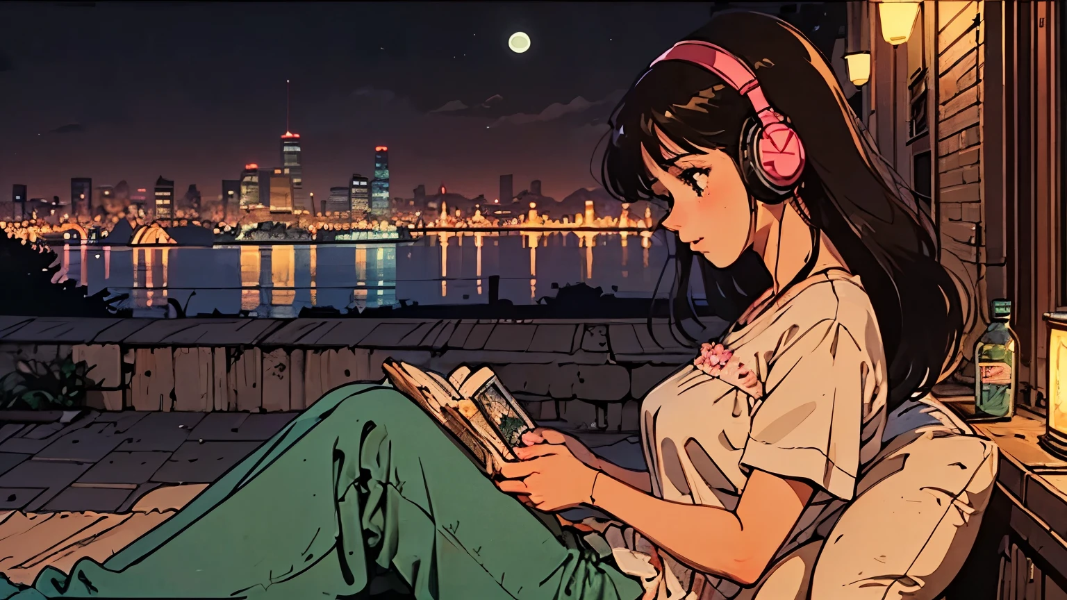 1 girl, A girl in 80s anime style, wearing headphones, retro, lo-fi, with a cassette tape, outside, outside, at night, night, night view, night景, moon, 月, A nightscape with a visible moon, where the city lights blend harmoniously with the serene glow of the moonlight, creating a tranquil and enchanting atmosphere