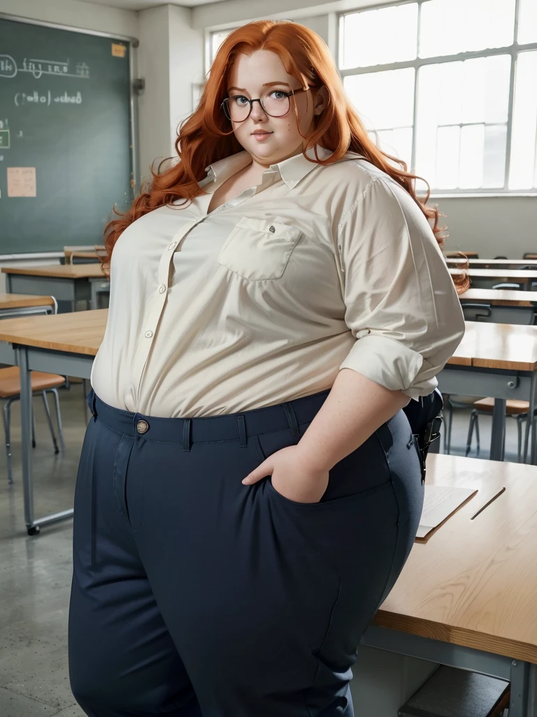 A peaceful photo of a young cute nerdy redhead bbw student with glasses with long wavy ginger hair soft fat belly, wide fat obese hips, thick fat legs and fat arms, cute pretty face, small breasts, blue eyes, freckles, in long shirt tucked in her simple trousers, and trousers, wearing a backpack in a school hall