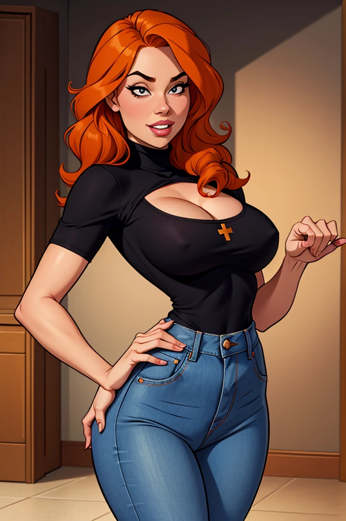 1 female, small-sized breast, shortstack, happy look, housewife, cleavage, Black turtleneck, orange hair, wavy hair, cross-armed, tight jeans, slanty eyes, realistic lips, buck tooth, 4k., rococo style, masterpiece