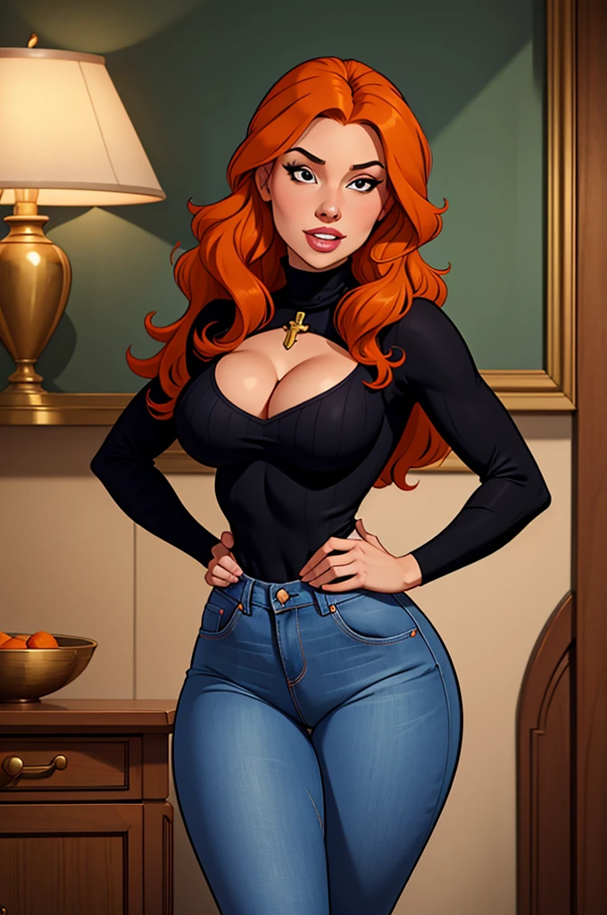 1 female, small-sized breast, shortstack, happy look, housewife, cleavage, Black turtleneck, orange hair, wavy hair, cross-armed, tight jeans, slanty eyes, realistic lips, buck tooth, 4k., rococo style, masterpiece
