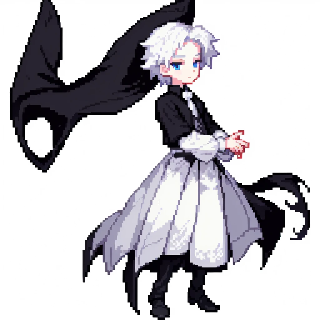 masterpiece , best quality , pixel art , 1 boy , Aristocratic attire ,Wearing black clothing, full body , white background,A well-bred beautiful boy , White hair, pale blue eyes , The year is 