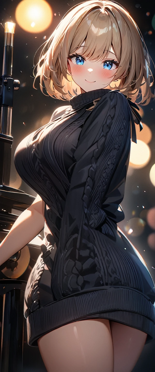 (((One girl))), blond hair, bob cut, big breasts, from side, (cowboy shot), (looking at viewer), ((black hot pants)), ((black virgin killer sweater)), face in focus, teenager, head tilt:1.3, (((blue eye))), ((happy smile)), ((blush)), (()), anime style, (best quality, 4k, 8k, highres, masterpiece:1.2, ultra-detailed, ultra-detailed eyes, HDR, UHD, studio lighting, ultra-fine painting, sharp focus, physically-based rendering, extreme detail description, professional, vivid colors, bokeh)