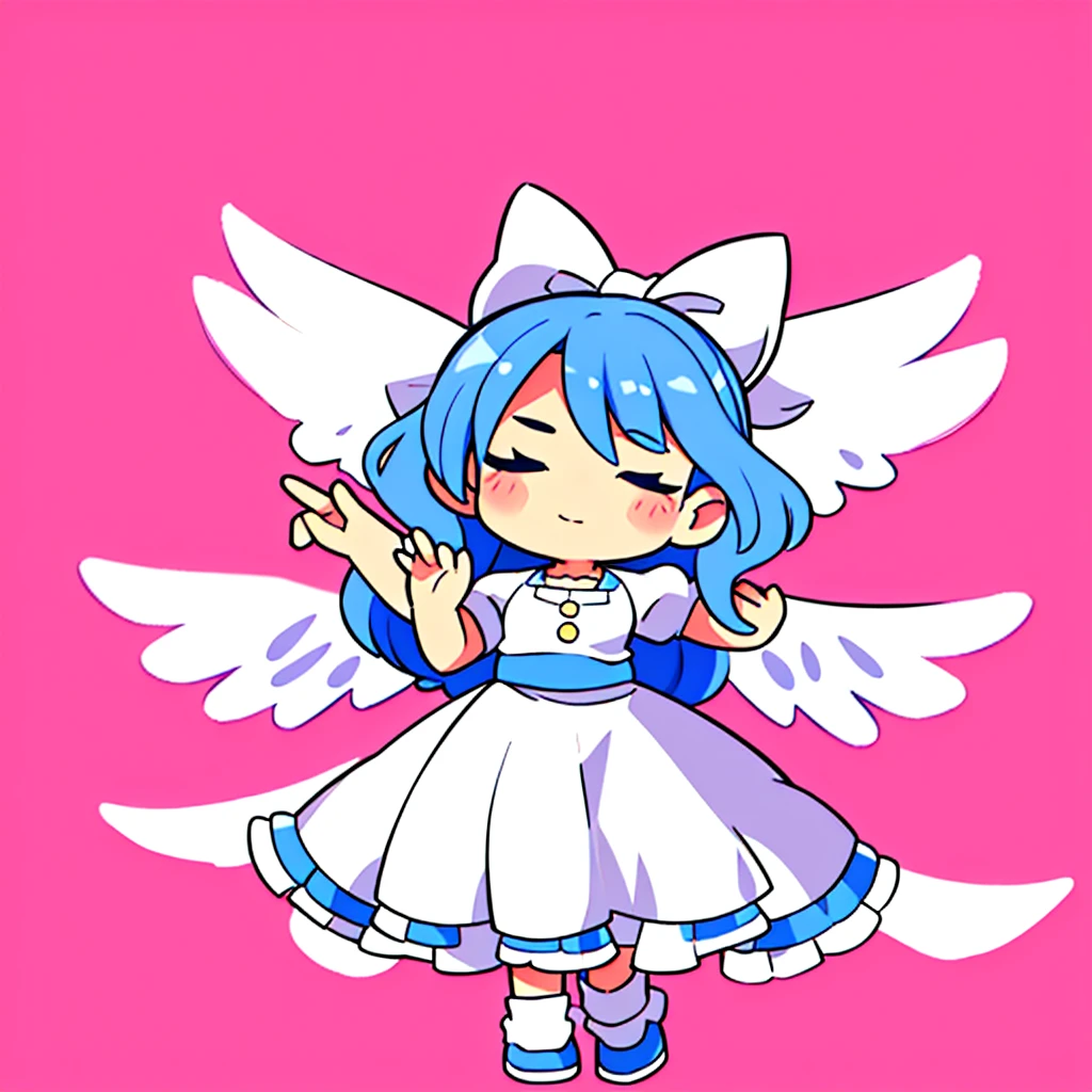 masterpiece, best quality, 1girl, , , 10 years old, medium blue hair, hair flaps, pink ribbon on head, well-formed face, blue eyes, angel girl, white blouse, puffy short sleeves, red ribbon, angel wings, long white skirt, red shoes, frills, ribbon head, from behind, to lift up one’s skirt, cowboy shot, from front, standing , raise one leg, crossed arms, arms up behind, arms behind back, hand between legs, put hands hip, one hand on hip, forward hands, arms raised in the air, punch hands, peace sign, waving, put up index finger, sit, lie down, closed eyes, lie face down, looking back, put one hand chest, leaning forward, cleavage, close up, horizontally outstretched arms, horizontally outstretched legs, front view, front face