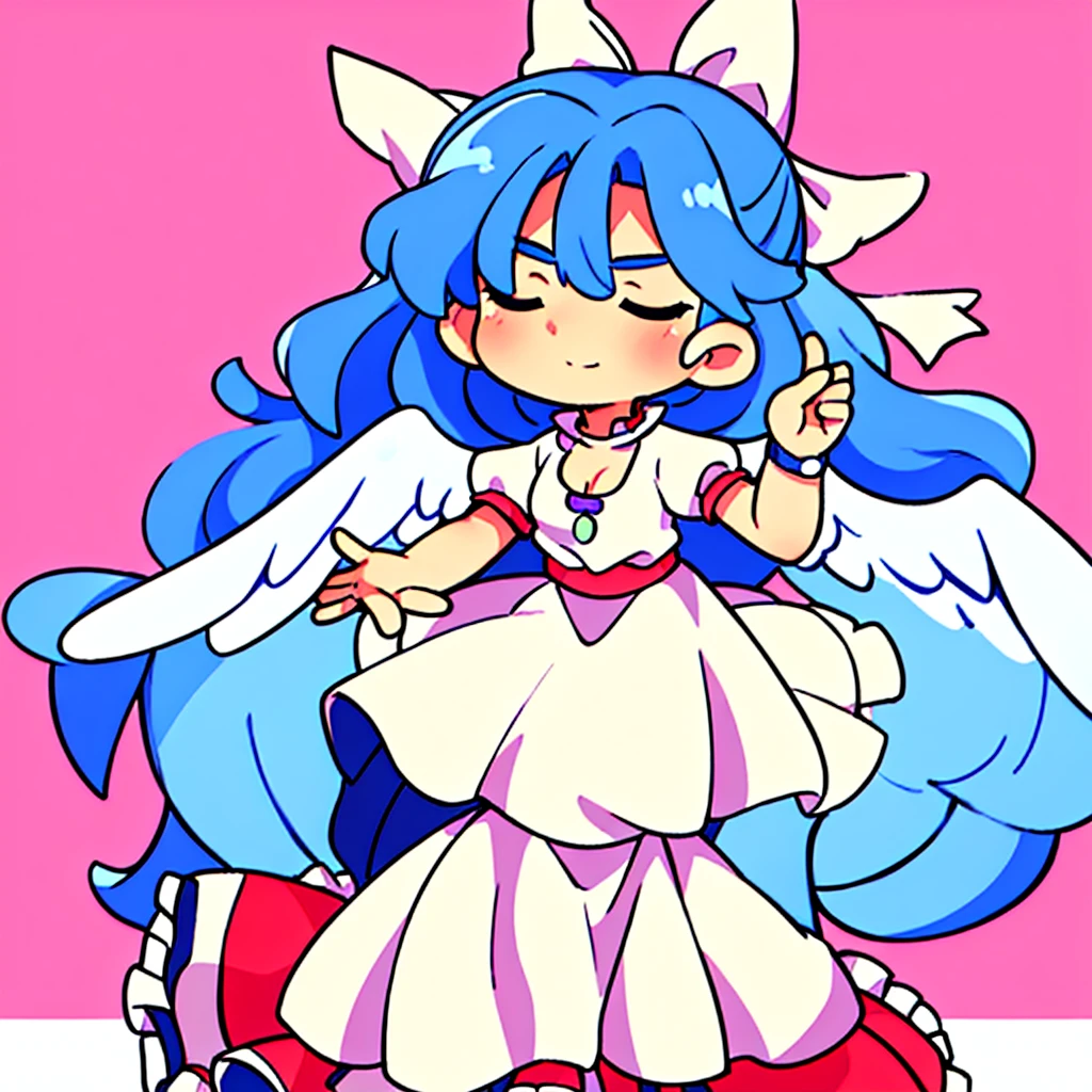 masterpiece, best quality, 1girl, , , 10 years old, medium blue hair, hair flaps, pink ribbon on head, well-formed face, blue eyes, angel girl, white blouse, puffy short sleeves, red ribbon, angel wings, long white skirt, red shoes, frills, ribbon head, from behind, to lift up one’s skirt, cowboy shot, from front, standing , raise one leg, crossed arms, arms up behind, arms behind back, hand between legs, put hands hip, one hand on hip, forward hands, arms raised in the air, punch hands, peace sign, waving, put up index finger, sit, lie down, closed eyes, lie face down, looking back, put one hand chest, leaning forward, cleavage, close up, horizontally outstretched arms, horizontally outstretched legs, front view, front face