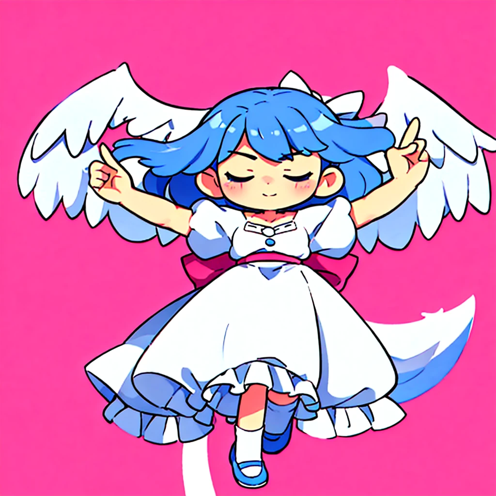 masterpiece, best quality, 1girl, , , 10 years old, medium blue hair, hair flaps, pink ribbon on head, well-formed face, blue eyes, angel girl, white blouse, puffy short sleeves, red ribbon, angel wings, long white skirt, red shoes, frills, ribbon head, from behind, to lift up one’s skirt, cowboy shot, from front, standing , raise one leg, crossed arms, arms up behind, arms behind back, hand between legs, put hands hip, one hand on hip, forward hands, arms raised in the air, punch hands, peace sign, waving, put up index finger, sit, lie down, closed eyes, lie face down, looking back, put one hand chest, leaning forward, cleavage, close up, horizontally outstretched arms, horizontally outstretched legs, front view, front face