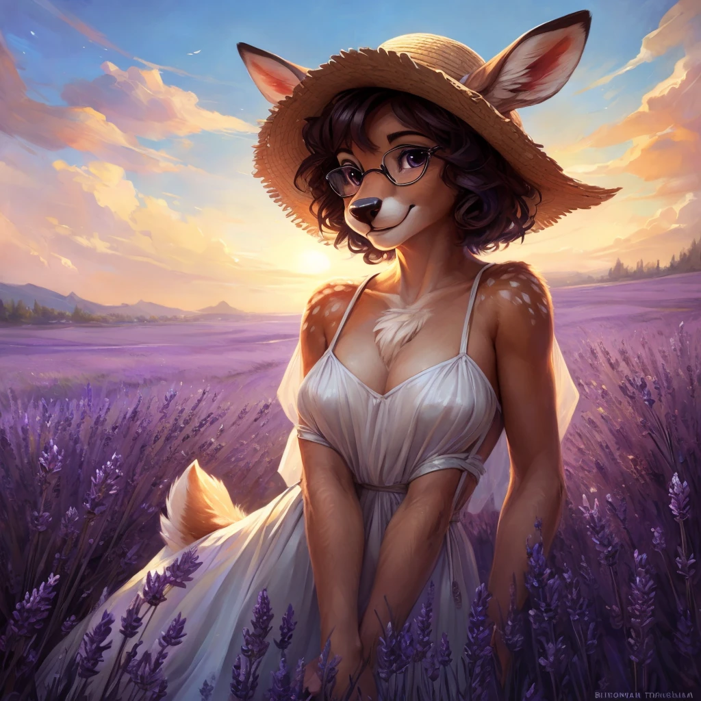uploaded on e621, by Pixelsketcher, by Bayard Wu, by Thomas Benjamin Kennington , by Einshelm, by hioshiru and kenket, Chunie, portrait, solo anthro female deer doe, with small featureless breasts, clear dark blue, cinematic lighting, day, sunny day, lavender field, stays in a lavender field, lavender field background, mediterranean background, horizon background, shiny, short curly dark brown hair, wears big black nerd glasses, very very beautiful furry art, furry art, smiling, joyful, shiny, happy, feminine, cute face, muzzle, fluffy chest, flawless face, Fallow deer, 1girl, Sakimichan is beautiful, Masterpiece, Wavethesallow Face, shiny, Detailed image, portrait, Detailed image, portrait, full body, wearing pure white and wide spaghetti straps dress, wearing big and wide beige summer straw hat, shiny, realistic face, perfect anatomy, hourglass body, (furry body:1.1), anthropomorphic deer, looks at the viewer, small fluffy tail, detailed background, (cute anatomy:1.1), stands in a lavender field