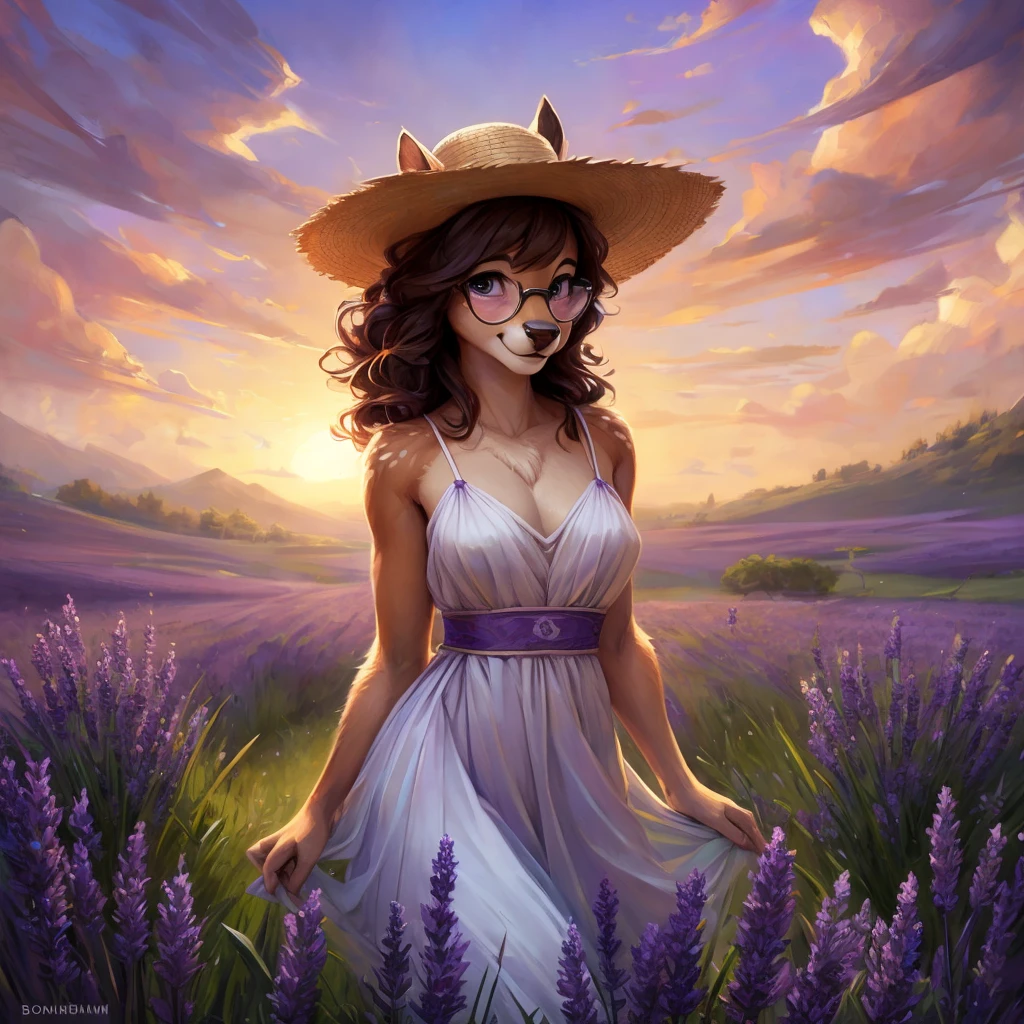 uploaded on e621, by Pixelsketcher, by Bayard Wu, by Thomas Benjamin Kennington , by Einshelm, by hioshiru and kenket, Chunie, portrait, solo anthro female deer doe, with small featureless breasts, clear dark blue, cinematic lighting, day, sunny day, lavender field, stays in a lavender field, lavender field background, mediterranean background, horizon background, shiny, short curly dark brown hair, wears big black nerd glasses, very very beautiful furry art, furry art, smiling, joyful, shiny, happy, feminine, cute face, muzzle, fluffy chest, flawless face, Fallow deer, 1girl, Sakimichan is beautiful, Masterpiece, Wavethesallow Face, shiny, Detailed image, portrait, Detailed image, portrait, full body, wearing pure white and wide spaghetti straps dress, wearing big and wide beige summer straw hat, shiny, realistic face, perfect anatomy, hourglass body, (furry body:1.1), anthropomorphic deer, looks at the viewer, small fluffy tail, detailed background, (cute anatomy:1.1), stands in a lavender field