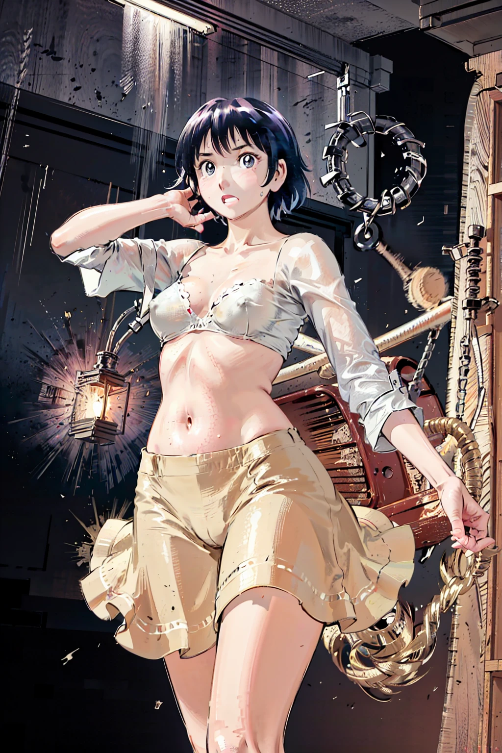 、(masterpiece、Highest quality)、Highest quality, Ultra-high resolution, (((masterpiece))), alone, Sweat、Big eyes, Composition from the front、Shortcuts、Embarrassed face、Blonde Hair、Cut your hair short、skirt、short hair、Upper body naked、Breasts exposed、Nipples、Large areola、Woman showing her body、belly button、真Composition from the front、indoor