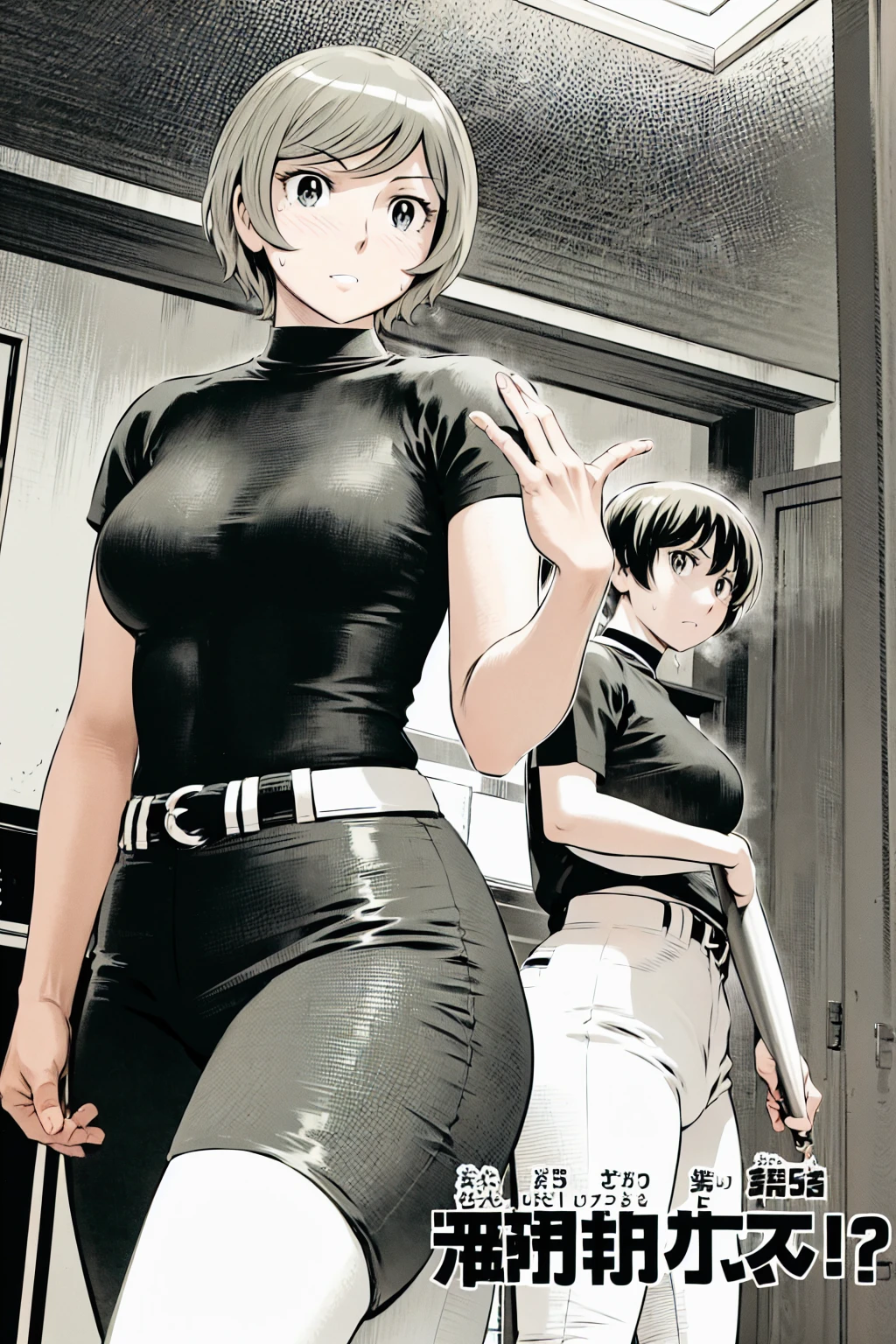 、(masterpiece、Highest quality)、Highest quality, Ultra-high resolution, (((masterpiece))), alone, Sweat、Big eyes,Tight black shirt、Tight white pants、belt、indoor、Composition from the front、(Cut the back hair short、short hair、blonde、woman)、Shortcuts、Embarrassed face、Cut your hair short、可愛いwomanの子、Big Breasts、Inside the room、Full Color、Baseball uniform