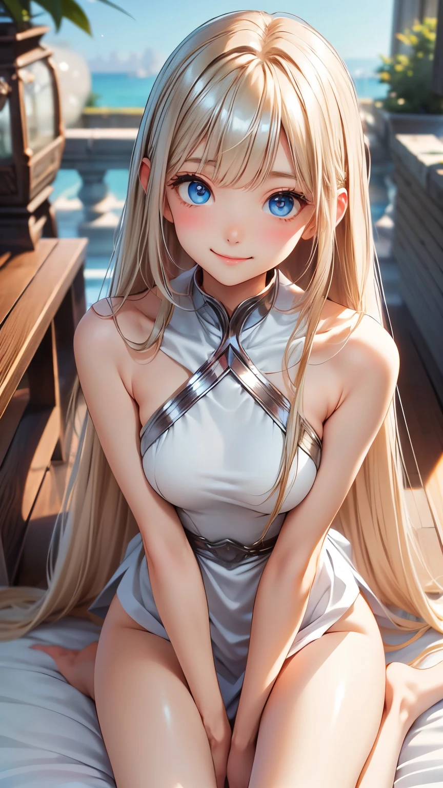 Highest quality。High resolution。Ultra-detailed。European woman in her late 20s。Anime style illustrations。Short and young々Newly introduced、Fair skin。Short and young々Newly introduced、Long, shiny golden white hair、Big Blue Eyes。Slender and slender figure。Modest chest元、A light-hearted smile、shy、(One piece swimsuit)、(On a beautiful lake、Beautiful sky)、(On all fours)、(Modest chest、Medium Hips)、sitting、From the back、