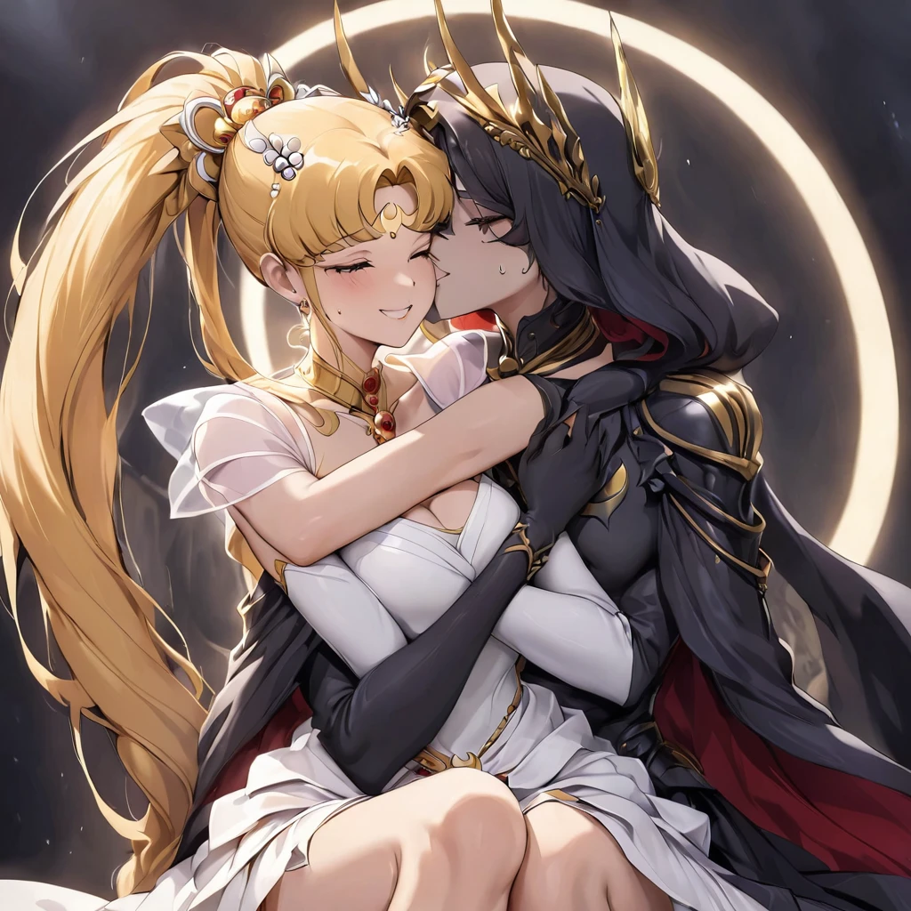 ((Highest quality)), ((masterpiece)), (detailed), （Perfect Face）、Black moon mark on forehead、The woman is Black Serenity, the noble dark queen of the Black Moon clan and has blonde hair.２The woman, Princess Serenity, has long hair tied up in a ponytail and is sitting on a large throne, hugging and kissing the majestic and powerful Dark Moon King.、The woman has a black inverted crescent moon mark on her forehead, a gorgeous and glittering black gothic Victorian dress, a black veil and a black see-through cape, and is wearing luxurious jeweled accessories. She is the Queen of Darkness, the jet-black Princess Serenity, looking at the camera with a happy expression, and has the expression of a maiden in love.、The man is a majestic and powerful dark king embracing and kissing a woman.