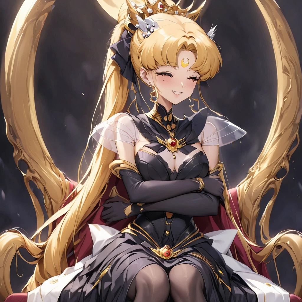 ((Highest quality)), ((masterpiece)), (detailed), (Perfect Face)、Black moon mark on forehead、The woman is Black Serenity, the noble dark queen of the Black Moon clan and has blonde hair.2The woman, Princess Serenity, has long hair tied up in a ponytail and is sitting on a large throne, hugging and kissing the majestic and powerful Dark Moon King.、The woman has a black inverted crescent moon mark on her forehead, a gorgeous and glittering black gothic Victorian dress, a black veil and a black see-through cape, and is wearing luxurious jeweled accessories. She is the Queen of Darkness, the jet-black Princess Serenity, looking at the camera with a happy expression, and has the expression of a maiden in love.、The man is a majestic and powerful dark king embracing and kissing a woman.