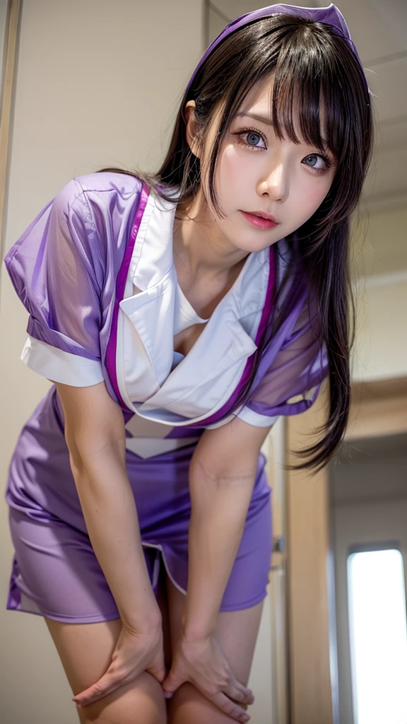 See-through purple nurse uniform、Transparent nipples、Leaning forward、hospital