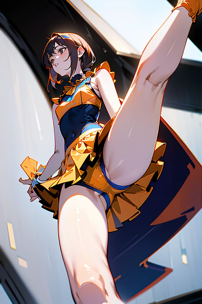 (8x_NMKD-Superscale_150000_G, 8k, best quality, high resolution, masterpiece), ((from below)), (((sStanding posture, leg up))), ((1 girl, 18 years old)), (Blue Cheergirl, flat chest, Frilled panties)