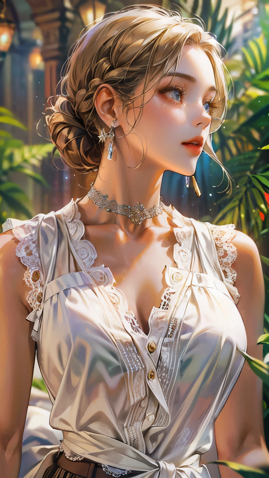 ((highest quality)),(Ultra-high resolution),(Very detailed),(Detailed Description),((The best CG)),(A masterpiece),Ultra-detailed art,Amazing drawing art,(Art with precise detail:1.5), (A woman wearing a white sleeveless blouse with lace:1.4),Lace choker:1.4,Earrings,Straight pants:1.4, Sunny European cityscape:1.6