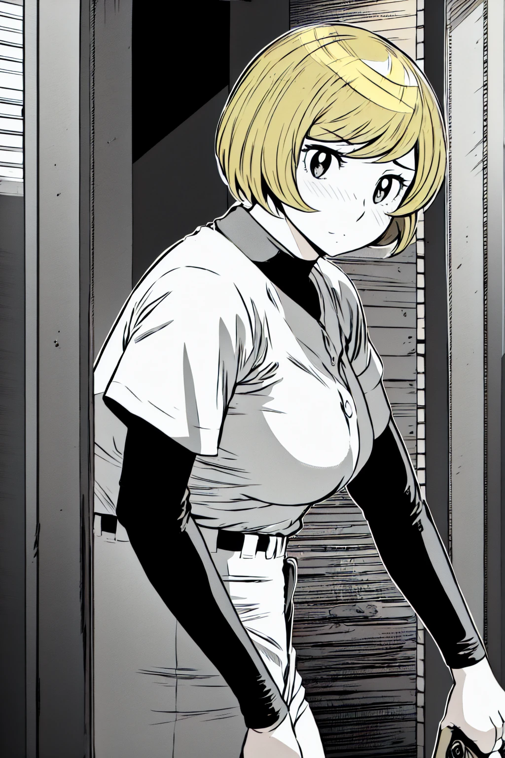 、(masterpiece、Highest quality)、Highest quality, Ultra-high resolution, (((masterpiece))), alone, Sweat、Big eyes,Tight black shirt、Tight white pants、belt、indoor、Composition from the front、(Cut the back hair short、short hair、blonde、woman)、Shortcuts、Embarrassed face、Cut your hair short、可愛いwomanの子、Big Breasts、Inside the room、Full Color、Baseball uniform