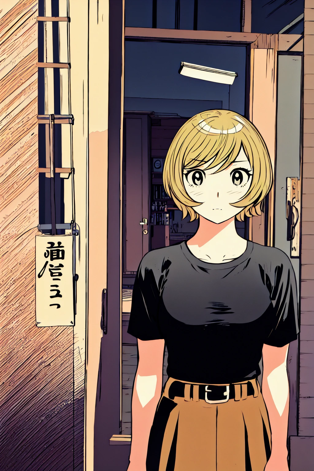 、(masterpiece、Highest quality)、Highest quality, Ultra-high resolution, (((masterpiece))), alone, Sweat、Big eyes,Tight black shirt、Tight white pants、belt、indoor、Composition from the front、(Cut the back hair short、short hair、blonde、woman)、Shortcuts、Embarrassed face、Cut your hair short、可愛いwomanの子、Big Breasts、Inside the room、Full Color、Baseball uniform