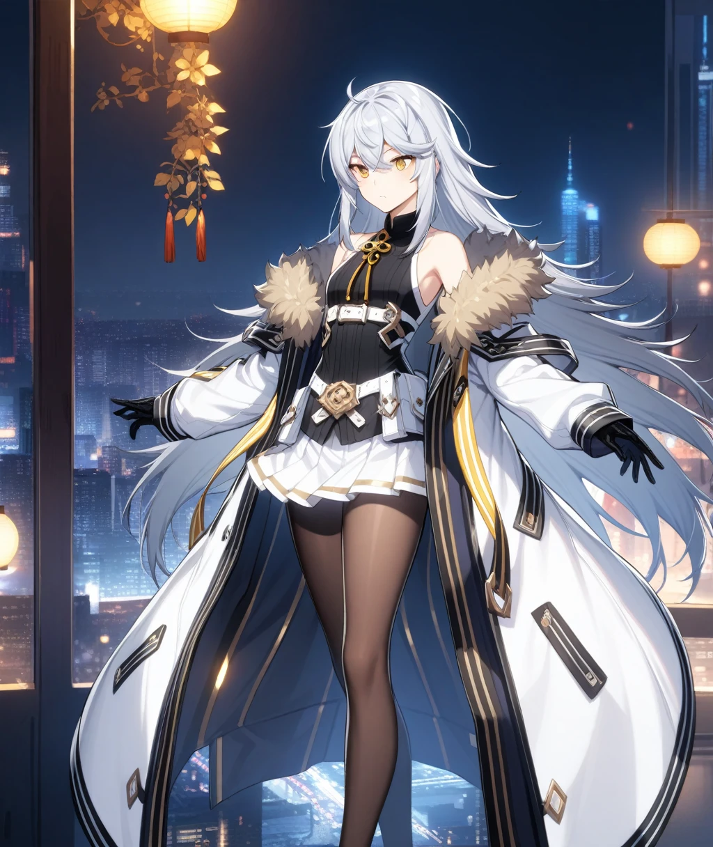 1girl, bangs,long_hair,独奏, yellow eyes, black legwear, jacket, pantyhose, silver hair, skirt, bare shoulders, eyebrows visible through hair, ahoge, gloves, white hair, small breasts,long sleeves,hair between eyes, standing, white skirt, shirt,sleeveless, sleeveless shirt,full_body, pleated skirt, sidelocks,belt ,very long hair, shoes,Miniskirt ,black gloves,white footwear, open clothes, Fur trim, black shirt, white coat,white_jacket,city lights,open jacket, off shoulder, open coat, fur-trimmed coat, One girl, gown, messy hair, ,  masterpiece, Highest quality, so beautiful, Absurd,