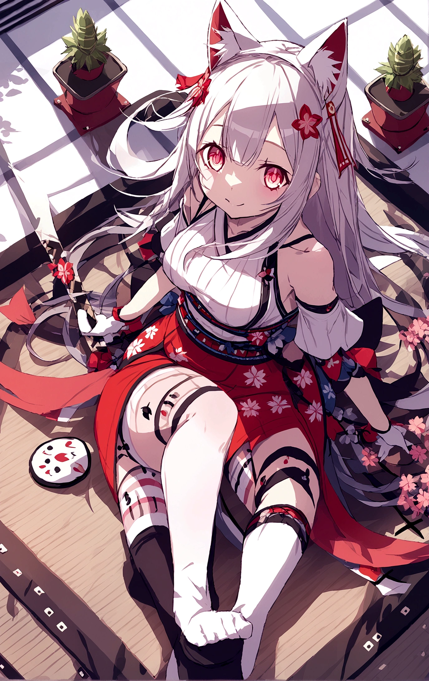 Second Dimension,high quality,The background is the cherry blossom forest,There are several small trees,White and tender skin,High Detail,Cute girl ninja,Cat ear,White hair,White over-the-knee socks with cherry blossom pattern,White gloves with red stripes,A katana with a cherry blossom logo handle is worn on the waist,Pink pupils,White bandage decoration,,Red and white cherry blossom themed ninja costume,Cold expression,Floral Decoration,M shaped sitting position,Normal human proportions,There is a shamisen next to my legs.,pure