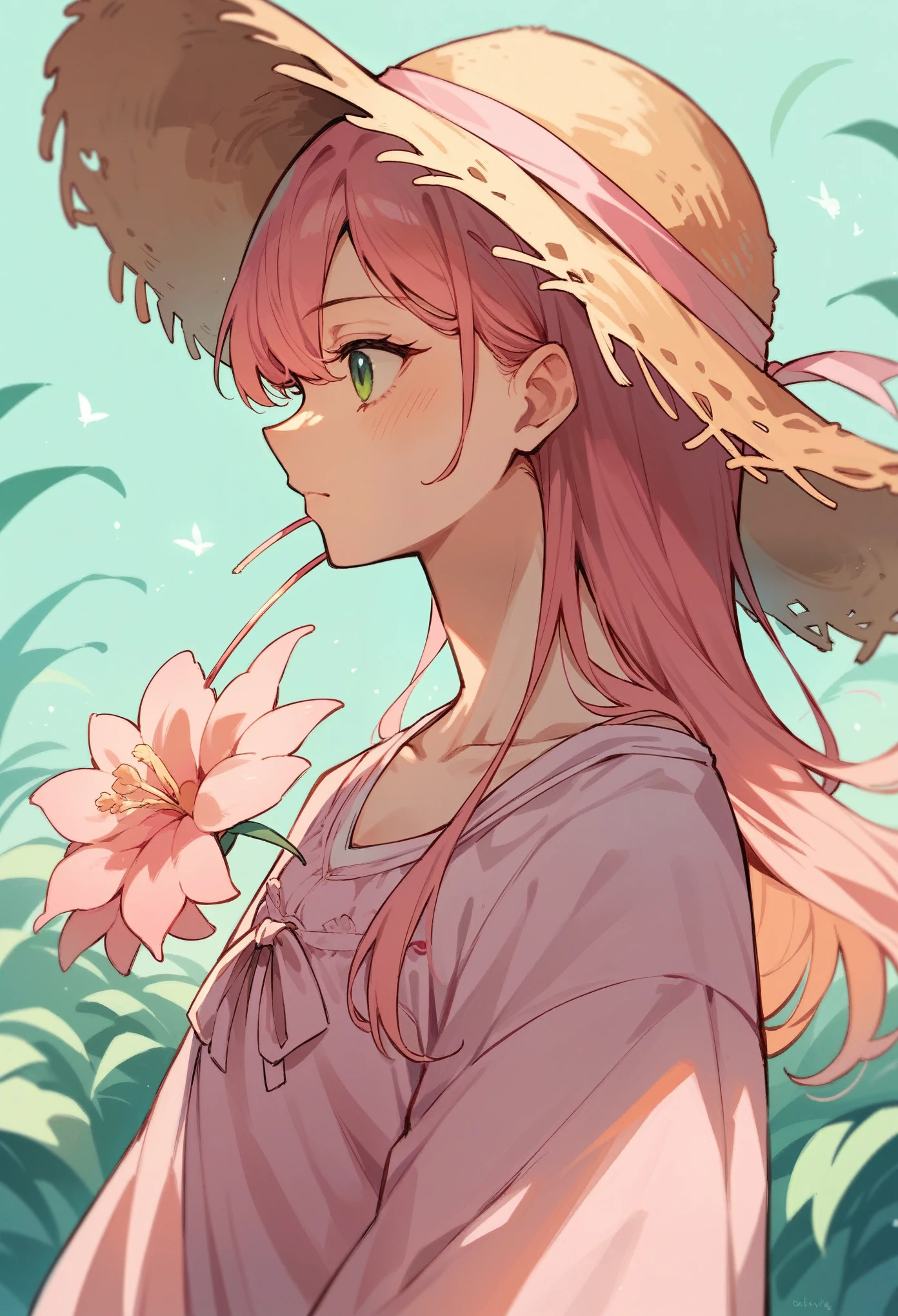 anime,Profile of a girl,Pink clothes,Pink straw hat
