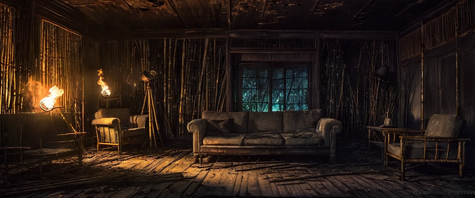 Create the atmosphere of an old abandoned living room at night. The room should have dusty, worn furniture and peeling wallpaper. The only light sources are bamboo torches, which cast flickering shadows and enhance the eerie, decaying atmosphere. (8K, high detail, contrast, clear, focused, sharp)