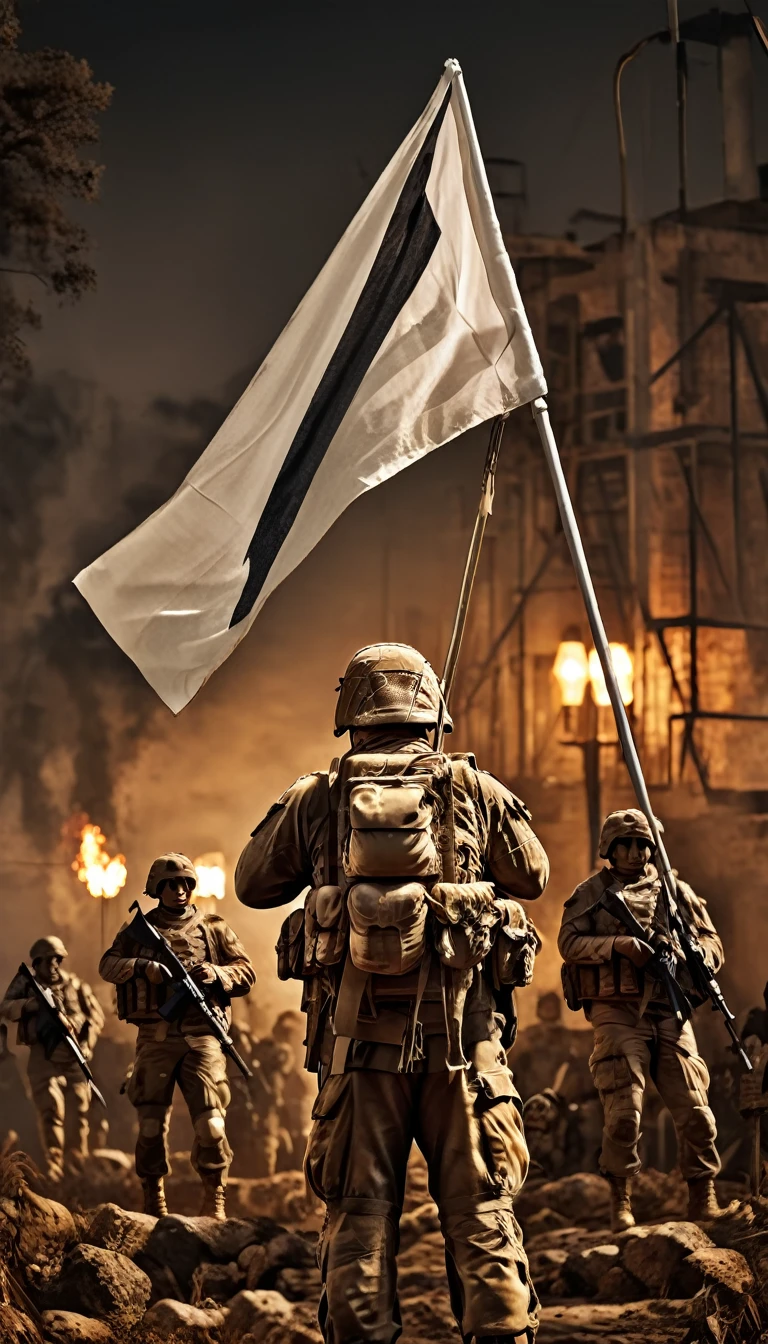 Soldiers in modern combat gear holding a white flag on a contemporary battlefield, background dark, hyper realistic, ultra detailed hyper realistic, photorealistic, Studio Lighting, reflections, dynamic pose, Cinematic, Color Grading, Photography, Shot on 50mm lens, Ultra-Wide Angle, Depth of Field, hyper-detailed, beautifully color, 8k, golden light from the front,