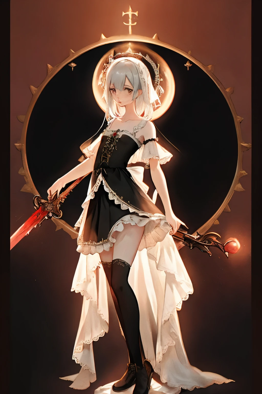  ((best quality)), ((masterpiece)), (detailed), very skinny, prominent collarbones, skinny arms, flat stomach, visible hip bones, red and white clothing, Bloodborne inspired, occult aesthetic, occult, detailed and intricate steampunk and detailed gothic, NSFW, Very dramatic and cinematic lighting, cosmic horror, grim-dark, side-lighting, perfect face, NSFW, Fluttering lace flared long knee length dress with frilly petticoats, knee length dress, pleated petticoats, lolita dress, petticoats gothic lolita, complex lace boots, side-lighting, gothic lolita aesthetic, wielding a mighty sword with mechanical components, carbine, NSFW, beautiful small breasts, small breasts, full body, whole body, body, NSFW, full body, whole body, head-to-toe NSFW 