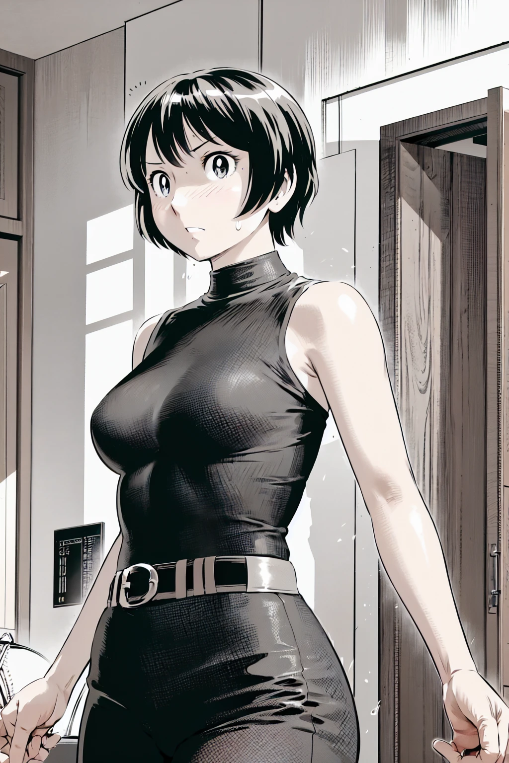 、(masterpiece、Highest quality)、Highest quality, Ultra-high resolution, (((masterpiece))), alone, Sweat、Big eyes,Tight black shirt、Tight white pants、belt、indoor、Composition from the front、（Cut the back hair short、short hair、blonde、woman）、Shortcuts、Embarrassed face、Cut your hair short、可愛いwomanの子、Big Breasts、Inside the room、Full Color、Baseball uniform