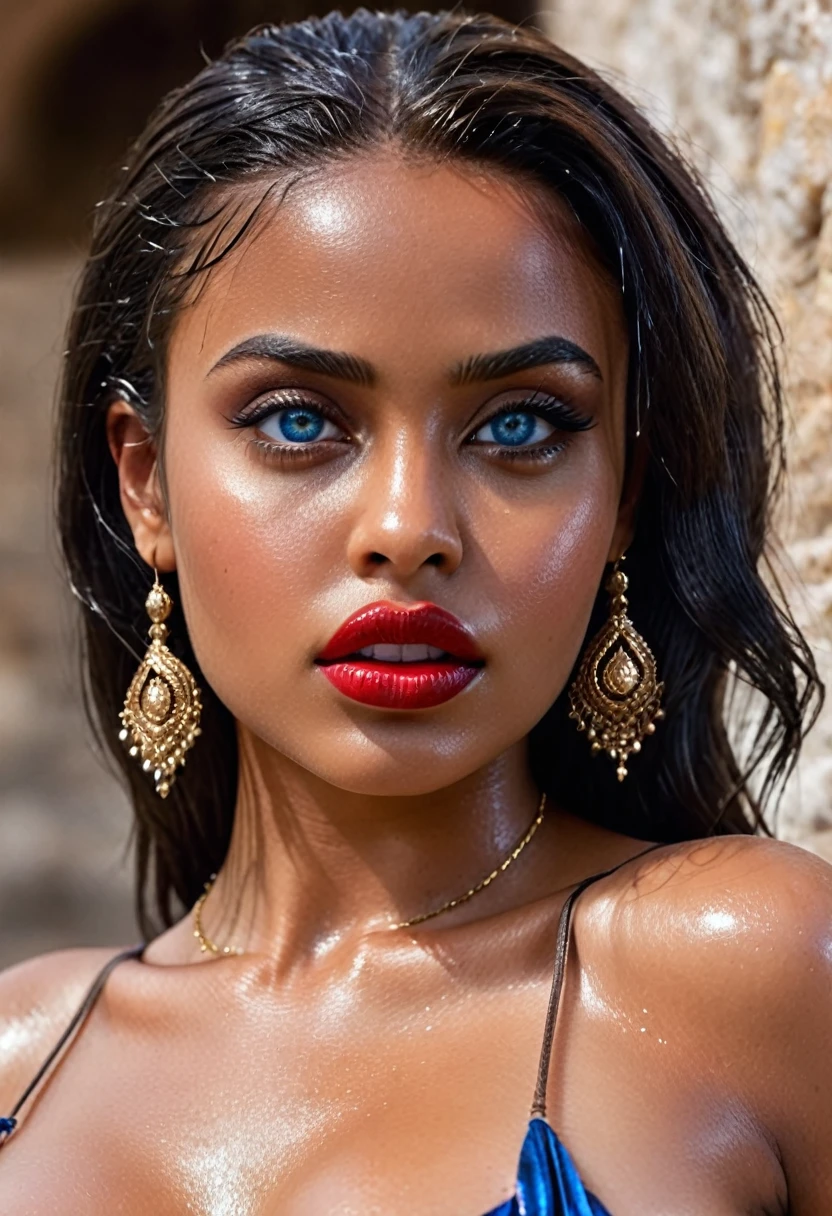 (muste piece, highest quality)((8k)),full body,super detailed,arab girl,full body ,black skin,blue eyes.red lips ,photorealistic,dark bronze shiny skin,beautiful female mode,dark skin Black woman in clothes from biblical times, blue eyes, ,swety skin,horny,in Ephesus in turkey,wet skin , (shiny skin), she is wet and intimate, she has a submissive expression, direct eye contact, hyperrealistic, unreal engine 5,Suggested pose, 8K
