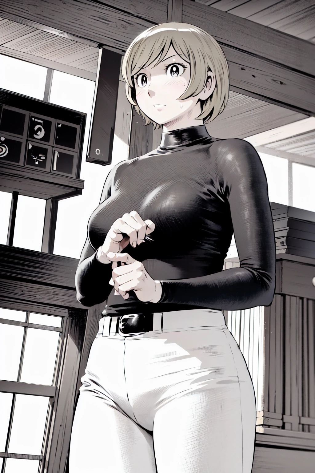 、(masterpiece、Highest quality)、Highest quality, Ultra-high resolution, (((masterpiece))), alone, Sweat、Big eyes,Tight black shirt、Tight white pants、belt、indoor、Composition from the front、(Cut the back hair short、short hair、blonde、woman)、Shortcuts、Embarrassed face、Cut your hair short、可愛いwomanの子、Big Breasts、Inside the room、Full Color、Baseball uniform