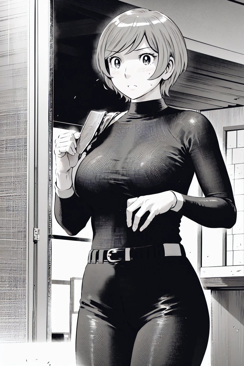 、(masterpiece、Highest quality)、Highest quality, Ultra-high resolution, (((masterpiece))), alone, Sweat、Big eyes,Tight black shirt、 pants、belt、indoor、Composition from the front、(Cut the back hair short、short hair、blonde、woman)、Shortcuts、Embarrassed face、Cut your hair short、可愛いwomanの子、Big Breasts room、Full Color、Baseball uniform