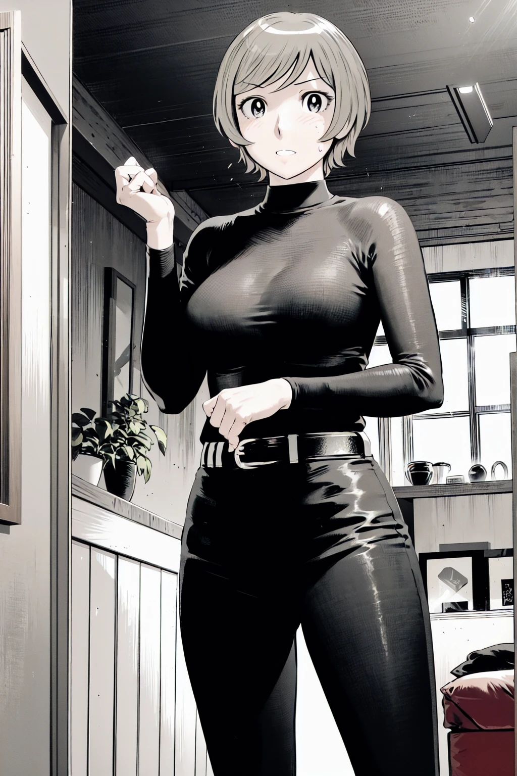 、(masterpiece、Highest quality)、Highest quality, Ultra-high resolution, (((masterpiece))), alone, Sweat、Big eyes,Tight black shirt、Tight white pants、belt、indoor、Composition from the front、(Cut the back hair short、short hair、blonde、woman)、Shortcuts、Embarrassed face、Cut your hair short、可愛いwomanの子、Big Breasts、Inside the room、Full Color、Baseball uniform