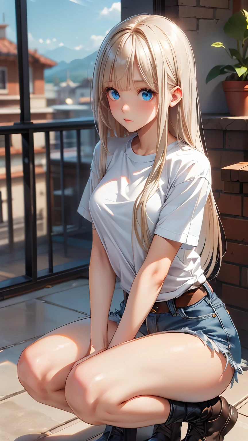 squat , closed knees , master piece , best quality , female , T-shirt , short denim, Shiny platinum blonde silk super long straight hair, beautiful shiny bangs, big clear sky blue eyes, very beautiful bright eye highlights, Embarrassing, Blushing