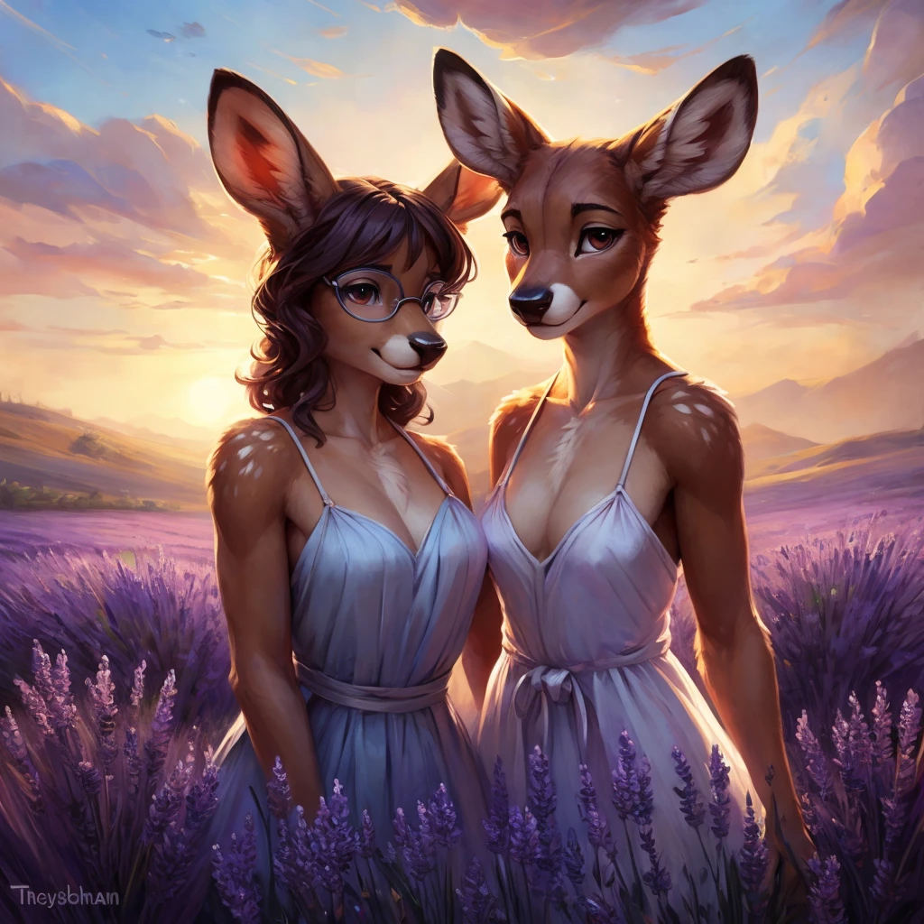 uploaded on e621, by Pixelsketcher, by Bayard Wu, by Thomas Benjamin Kennington , by Einshelm, by hioshiru and kenket, Chunie, portrait, solo anthro female deer doe, with small featureless breasts, clear dark blue, cinematic lighting, day, sunny day, lavender field, stays in a lavender field, lavender field background, mediterranean background, horizon background, shiny, short curly dark brown hair, wears big black nerd glasses, very very beautiful furry art, furry art, smiling, joyful, shiny, happy, feminine, cute face, muzzle, fluffy chest, flawless face, Fallow deer, 1girl, Sakimichan is beautiful, Masterpiece, Wavethesallow Face, shiny, Detailed image, portrait, Detailed image, portrait, full body, wearing pure white and wide spaghetti straps dress, wearing big and wide beige summer straw hat, shiny, realistic face, perfect anatomy, hourglass body, (furry body:1.1), anthropomorphic deer, looks at the viewer, small fluffy tail, detailed background, (cute anatomy:1.1), stands in a lavender field
