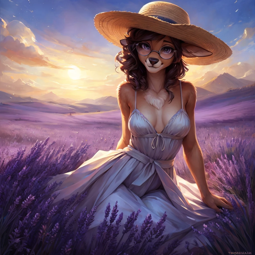 uploaded on e621, by Pixelsketcher, by Bayard Wu, by Thomas Benjamin Kennington , by Einshelm, by hioshiru and kenket, Chunie, portrait, solo anthro female deer doe, with small featureless breasts, clear dark blue, cinematic lighting, day, sunny day, lavender field, stays in a lavender field, lavender field background, mediterranean background, horizon background, shiny, short curly dark brown hair, wears big black nerd glasses, very very beautiful furry art, furry art, smiling, joyful, shiny, happy, feminine, cute face, muzzle, fluffy chest, flawless face, Fallow deer, 1girl, Sakimichan is beautiful, Masterpiece, Wavethesallow Face, shiny, Detailed image, portrait, Detailed image, portrait, full body, wearing pure white and wide spaghetti straps dress, wearing big and wide beige summer straw hat, shiny, realistic face, perfect anatomy, hourglass body, (furry body:1.1), anthropomorphic deer, looks at the viewer, small fluffy tail, detailed background, (cute anatomy:1.1), stands in a lavender field

