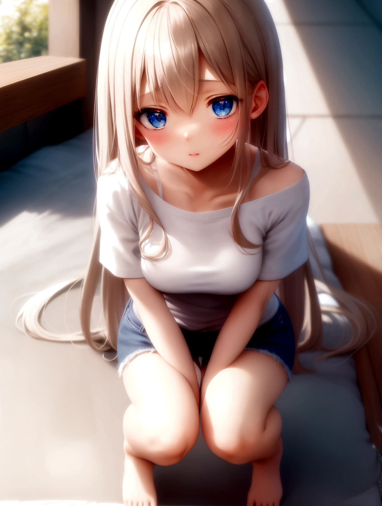 squat , closed knees , master piece , best quality , female , T-shirt , short denim, Shiny platinum blonde silk super long straight hair, beautiful shiny bangs, big clear sky blue eyes, very beautiful bright eye highlights,