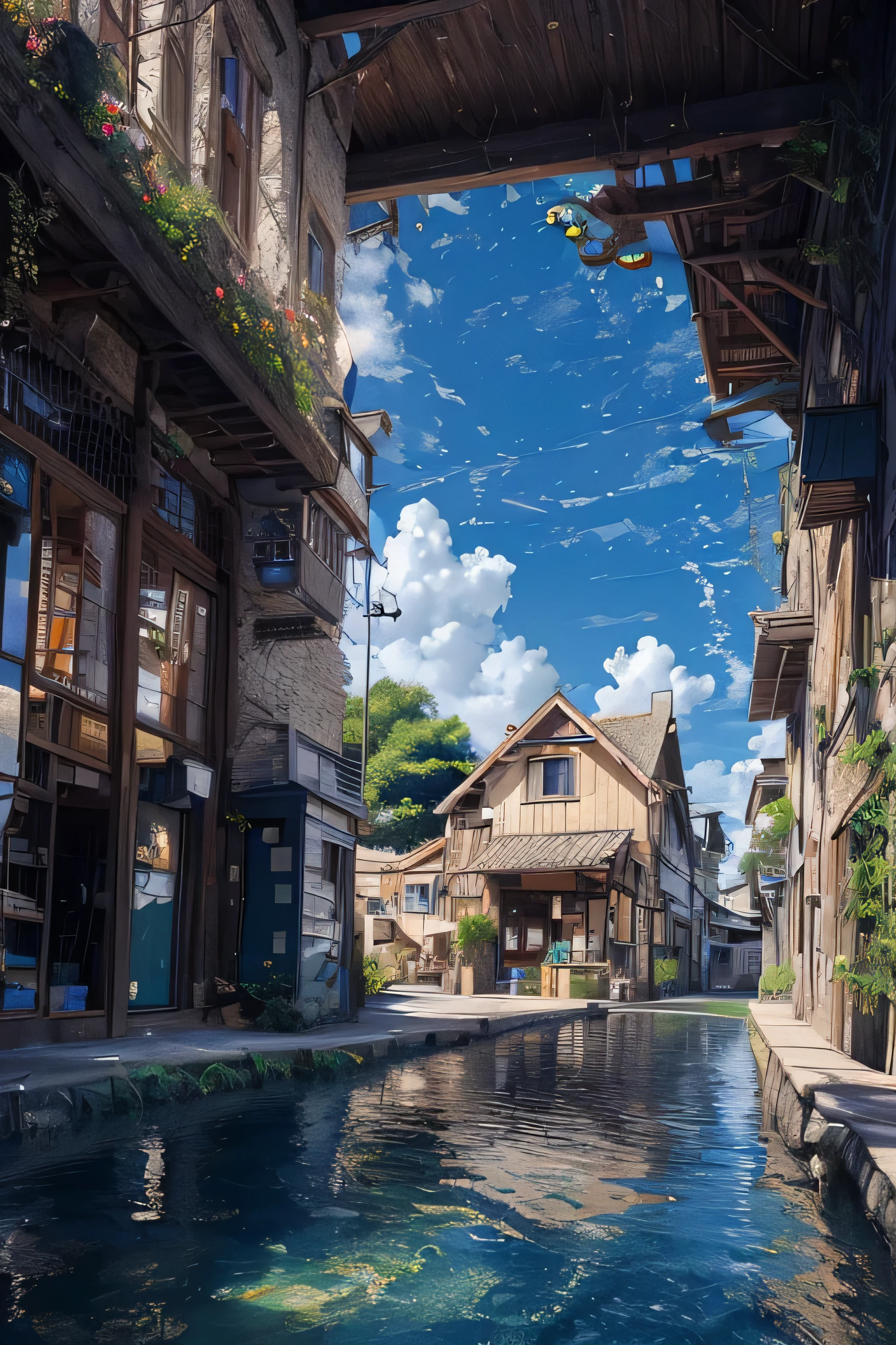 Quiet town,Blue sky and white clouds,Book House,watercourse,Green plants