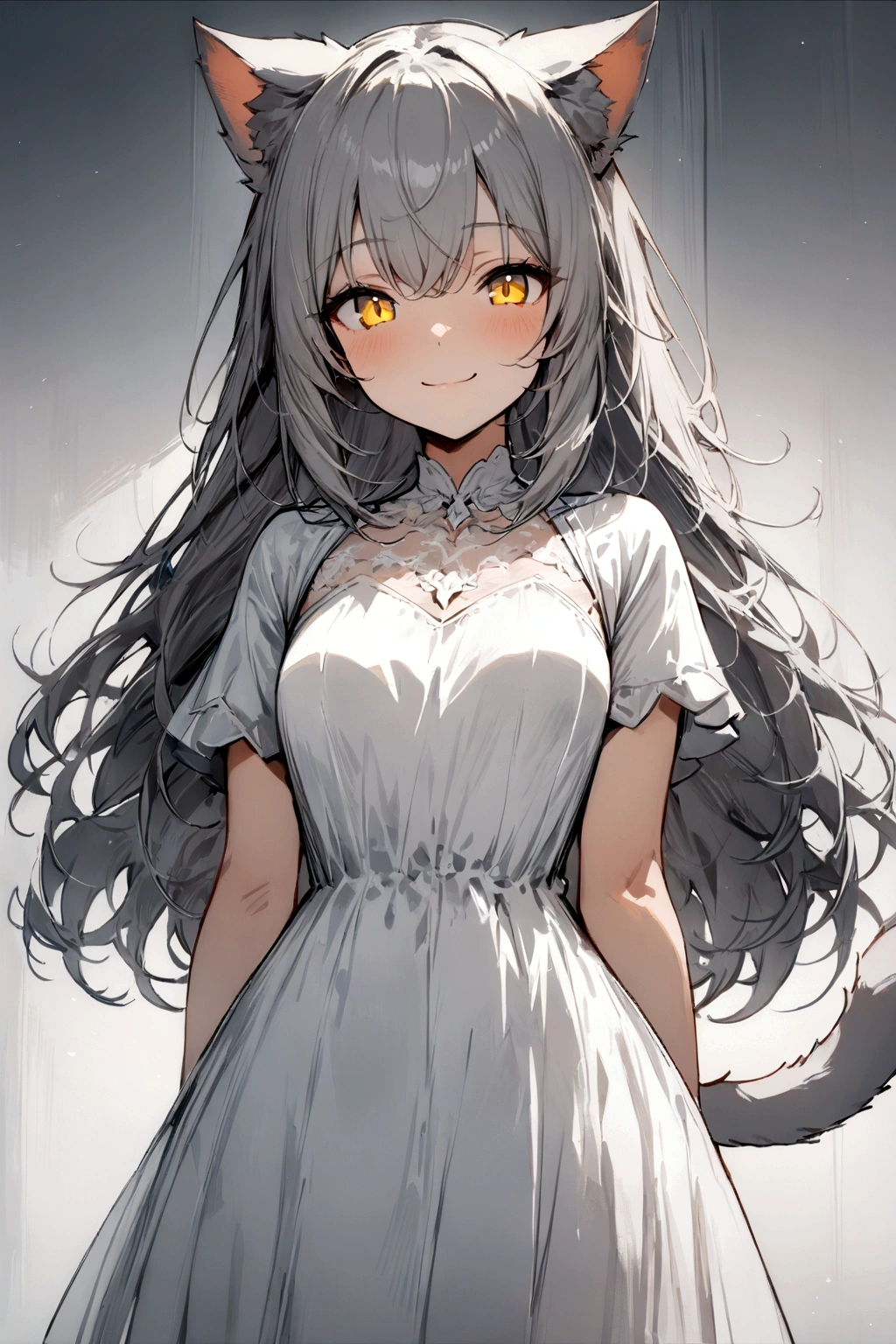 ((masterpiece)), ((best quality)), (from front), (half-body shot:1.36), perfect anatomy, 1girl, solo, cat girl, long gray straight hair, yellow round eyes, gray cat ears, gray fluffy cat tail, basic short-sleeved white dress, smiling, looking at viewers