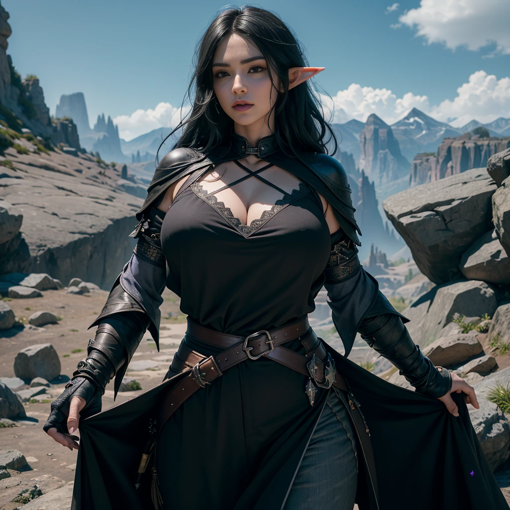 ((Best quality)), ((masterpiece)), (detailed: 1.4), 3D, (half-elf sorceress), (black hair, purple eyes:1.5, pale brown skin), (black robe, purple sleeves, grey pants, black boots and black armbands), (huge tits, big booty, short, curvy), (heavy gothic makeup), HDR (High Dynamic Range),Ray Tracing,NVIDIA RTX,Super-Resolution,Unreal 5,Subsurface dispersion, PBR texture, Post-processing, Anisotropic filtering, Depth of field, Maximum clarity and sharpness, Multilayer textures, Albedo and specular maps, Surface shading, Accurate simulation of light-material interaction, Perfect proportions, Octane Render, Two-tone lighting,Wide aperture,Low ISO,White balance,Rule of thirds,8K RAW,