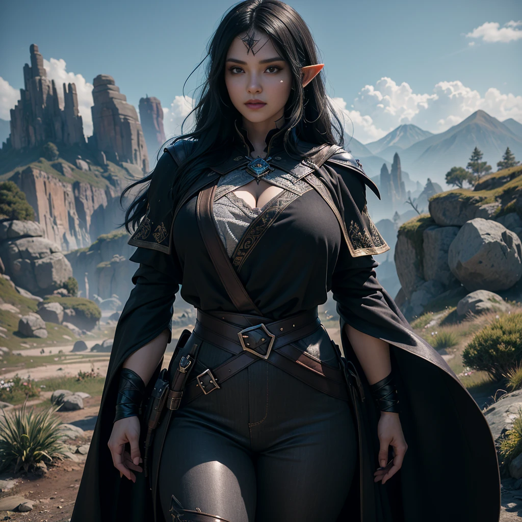((Best quality)), ((masterpiece)), (detailed: 1.4), 3D, (half-elf sorceress), (black hair, purple eyes:1.5, pale brown skin), (black robe, purple sleeves, grey pants, black boots and black armbands), (huge tits, big booty, short, curvy), (heavy gothic makeup), HDR (High Dynamic Range),Ray Tracing,NVIDIA RTX,Super-Resolution,Unreal 5,Subsurface dispersion, PBR texture, Post-processing, Anisotropic filtering, Depth of field, Maximum clarity and sharpness, Multilayer textures, Albedo and specular maps, Surface shading, Accurate simulation of light-material interaction, Perfect proportions, Octane Render, Two-tone lighting,Wide aperture,Low ISO,White balance,Rule of thirds,8K RAW,