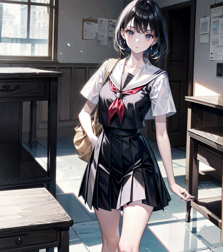 absurdres, RAW photo, extremely delicate and beautiful, masterpiece, Best Quality, ultra high resolution, 32k, hyperrealistic, ultra-detailed, perfect anatomy, super Detailed skin, late 20s, very Slim body, narrow waist, very small head, very small face, delicate facial features, tearful mole, earring, very huge round , medium hair, black hair, full body shot, school_uniform, sailor uniform, classroom,