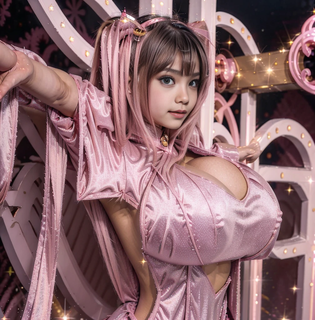 Highest quality，masterpiece，Ultra-high resolution, Very detailed, 8K， beautiful Japanese woman:1.5, Small face, Black Hair, blunt bangs, ((Woman crucified on the cross:1.5, Breast Augmon Surgery)), (Detailed glamorous pink magical girl heroine outfit:1.
