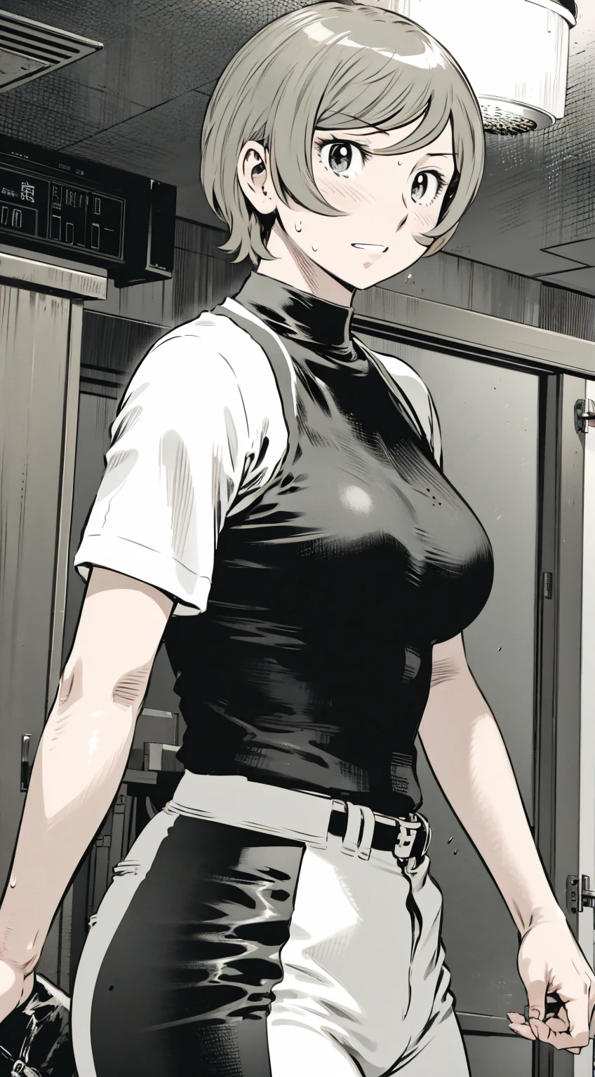 、(masterpiece、Highest quality)、Highest quality, Ultra-high resolution, (((masterpiece))), alone, Sweat、Big eyes,Tight black shirt、Tight white pants、belt、indoor、Composition from the front、（Cut the back hair short、short hair、blonde、woman）、Shortcuts、Embarrassed face、Cut your hair short、可愛いwomanの子、Big Breasts、Inside the room、Full Color、Baseball uniform