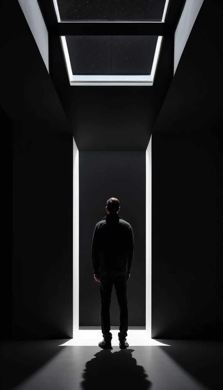 Bottom view，Pure black background，A skylight on the top，Light and Shadow，solitary Man，Minimalism，Depressing atmosphere