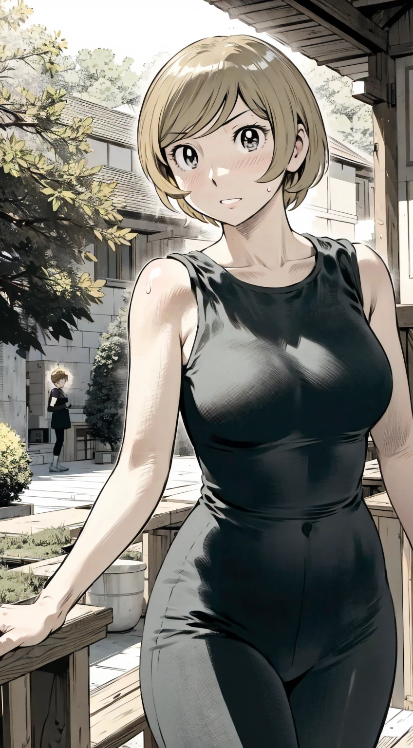 、(masterpiece、Highest quality)、Highest quality, Ultra-high resolution, (((masterpiece))), alone, Sweat、Big eyes, Please show me your armpits, No sleeve、Outdoor、Floral dress、Composition from the front、(Cut the back hair short、short hair、blonde、woman)、Shortcuts、Embarrassed face、Cut your hair short、可愛いwomanの子、Big Breasts