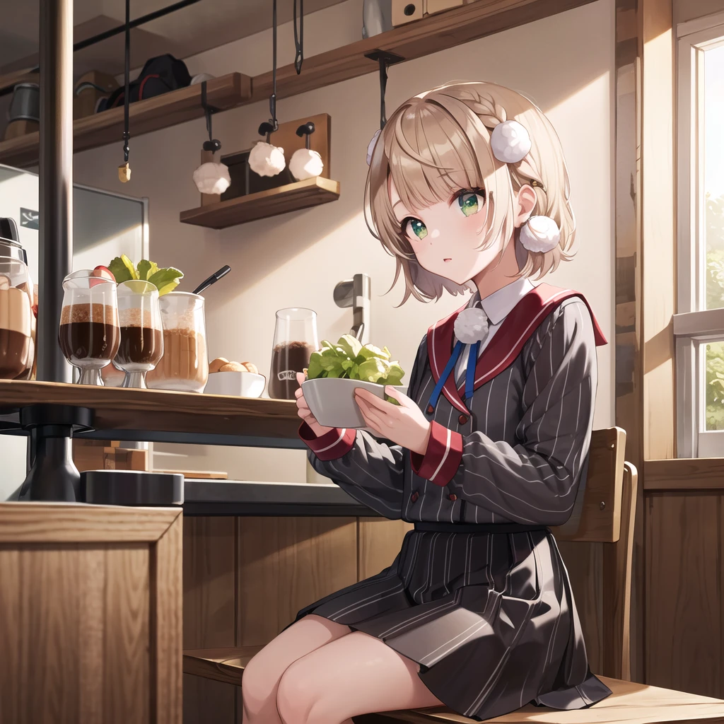 masterpiece, Highest quality, High resolution, 1 onion, One girl, alone, Hair Ring, Green Eyes, Pompom hair ornament, Sailor collar, Long sleeve, Striped jacket, Braiding, vertical_striped skirt, vertical stripes, beret, Cowboy Shot, Sitting, Cafe, indoor, coffee,