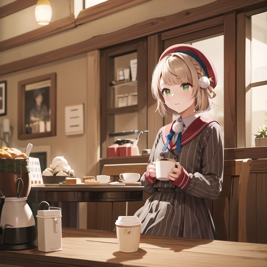 masterpiece, Highest quality, High resolution, 1 onion, One girl, alone, Hair Ring, Green Eyes, Pompom hair ornament, Sailor collar, Long sleeve, Striped jacket, Braiding, vertical_striped skirt, vertical stripes, beret, Cowboy Shot, Sitting, Cafe, indoor, coffee,